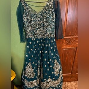 Elegant Teal and Silver Embellished Dress